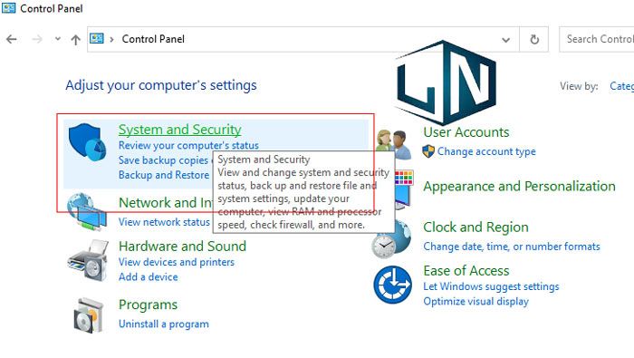 Chọn System and Security