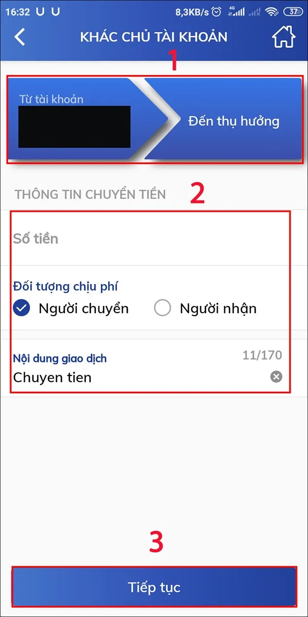 Nhập thông tin chuyển tiền khác tài khoản