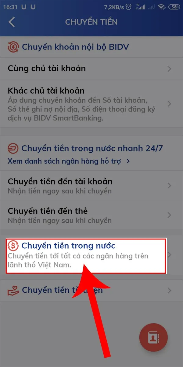 Chọn mục Chuyển tiền trong nước