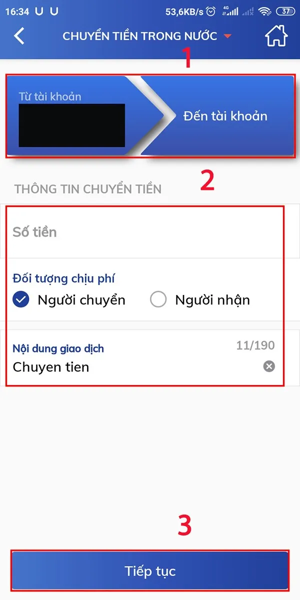 Nhập thông tin chuyển tiền trong nước