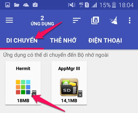 Chuyển ứng dụng qua thẻ