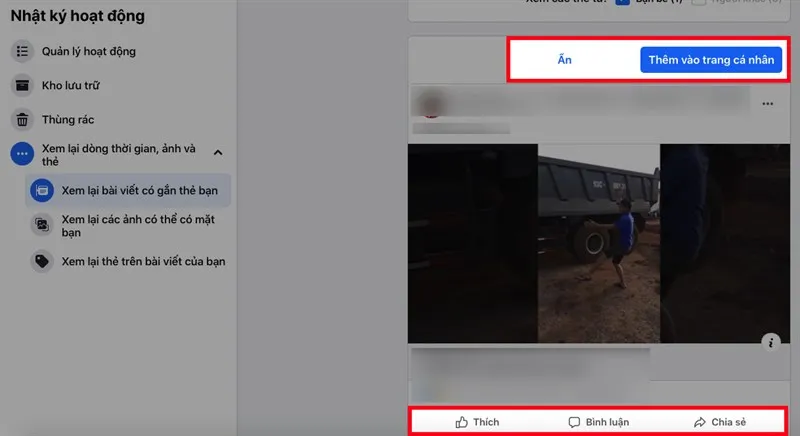 Bạn có thể thích, bình luận, chia sẻ, ẩn hoặc thêm bài viết vào trang cá nhân của bạn với các biểu tương ướng ở bài viết gắn thẻ bạn