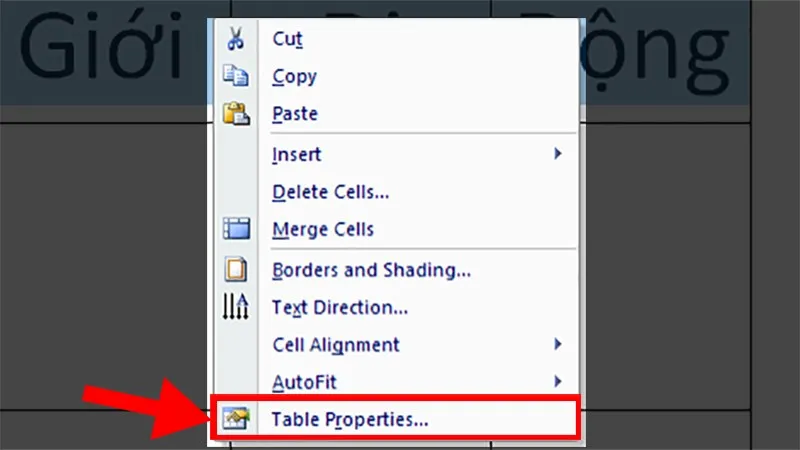 Nhấn chuột phải vào dòng được bôi đen  Chọn Table Properties…