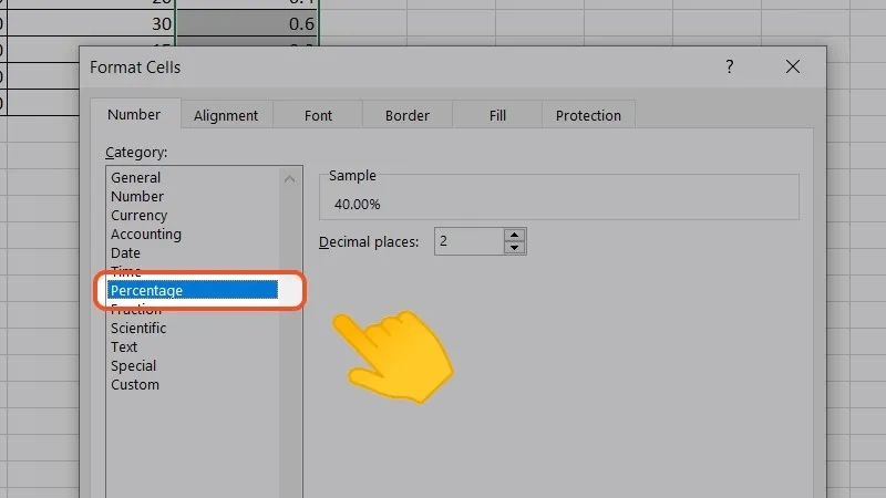 Hộp thoại Format Cells hiện ra, chọn Percentage trong phần Number.