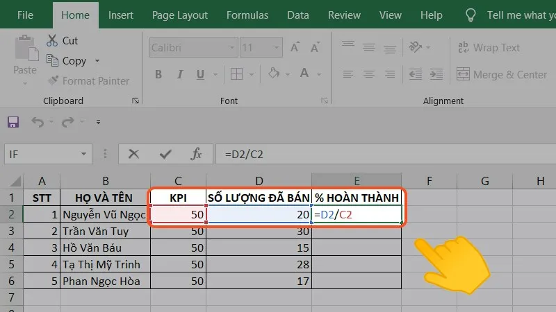  Ở ô tính phần trăm hoàn thành, chọn ô đã bán được / ô KPI