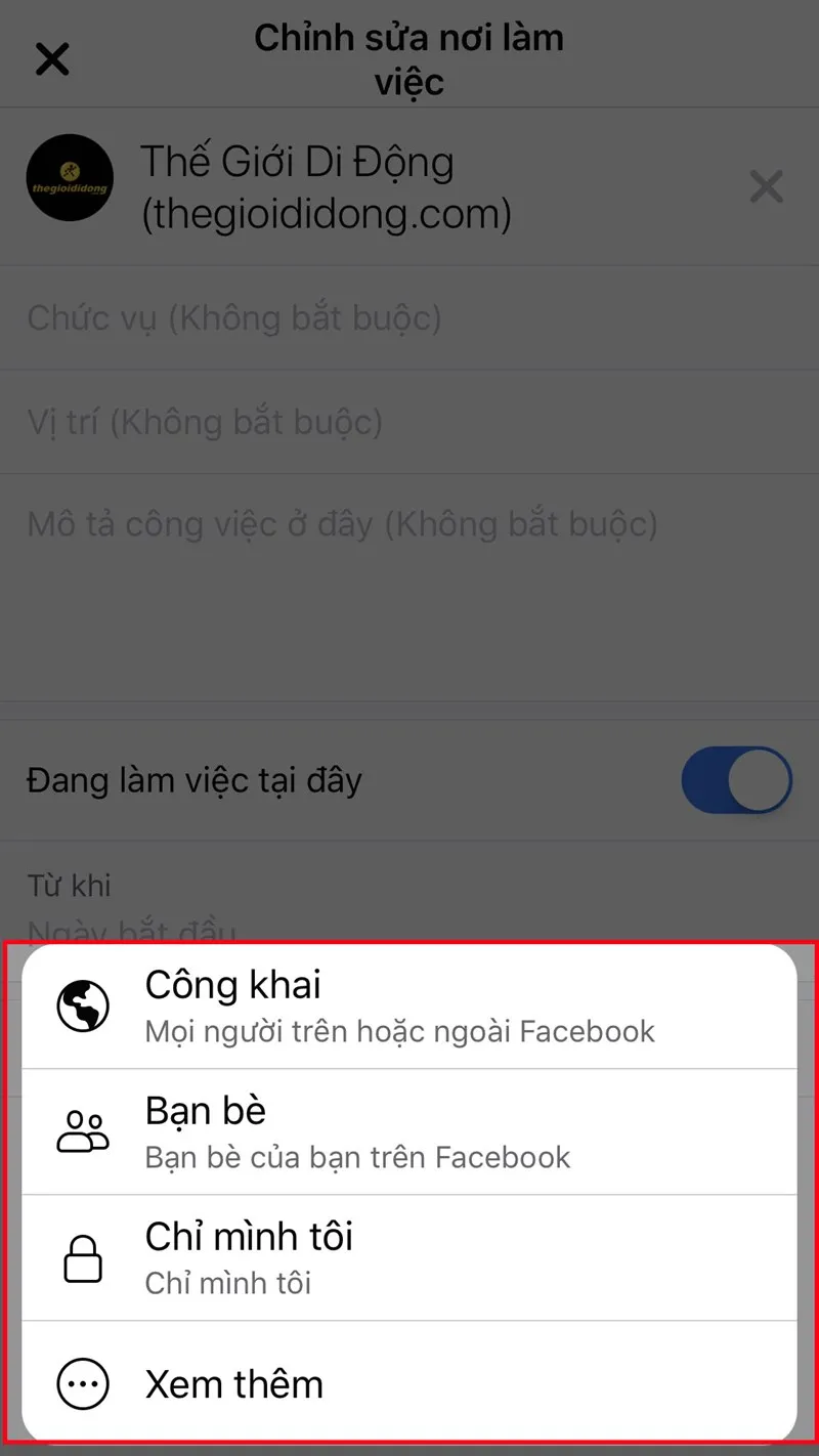 Chọn Công khai (Mọi người trên hoặc ngoài Facebook), chọn Bạn bè (Bạn bè của bạn trên Facebook), chọn Chỉ mình tôi (Chỉ mình bạn) hoặc chọn Xem thêm để chọn Bạn bè ngoại trừ (Không hiển thị với một số bạn bè), chọn Bạn bè cụ thể (Chỉ hiển thị với một số bạn bè)