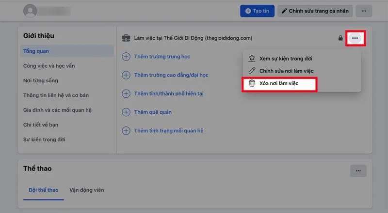Nếu bạn muốn xóa thông tin cá nhân, bạn chỉ cần thực hiện: Tại mục Giới thiệu, chọn thông tin mà bạn muốn xóa  Nhấn vào biểu tượng 3 dấu chấm  Chọn Xóa.