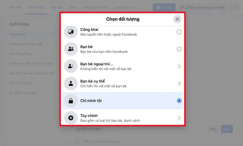 Chọn Công khai (Mọi người trên hoặc ngoài Facebook), chọn Bạn bè (Bạn bè của bạn trên Facebook), chọn Chỉ mình tôi (Chỉ mình bạn) hoặc chọn Xem thêm để chọn Bạn bè ngoại trừ (Không hiển thị với một số bạn bè), chọn Bạn bè cụ thể (Chỉ hiển thị với một số bạn bè)