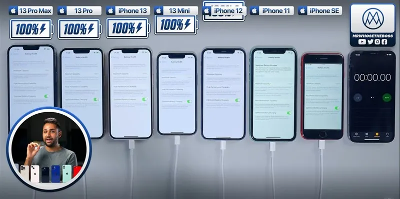 Tình trạng pin của các mẫu iPhone trong bài test này là 100%. Nguồn: Mrrwhosetheboss.
