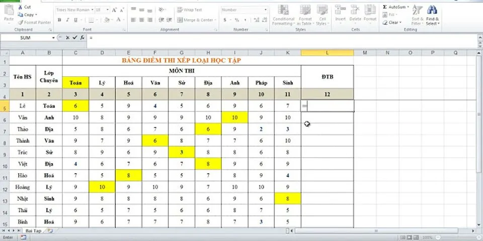 Cách tính điểm trung bình môn trong Excel